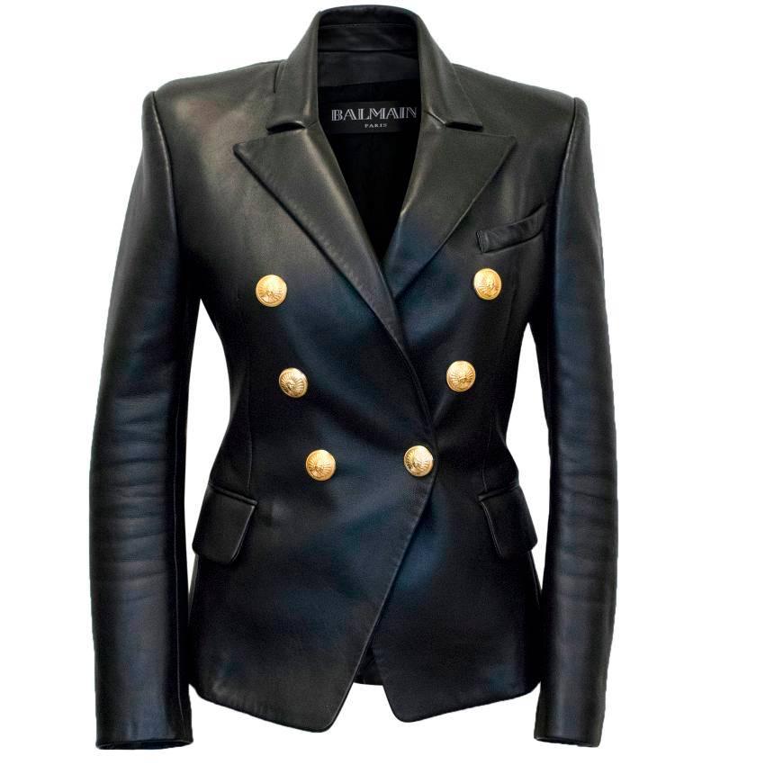 Balmain Black Leather Jacket with Gold Buttons For Sale at 1stDibs