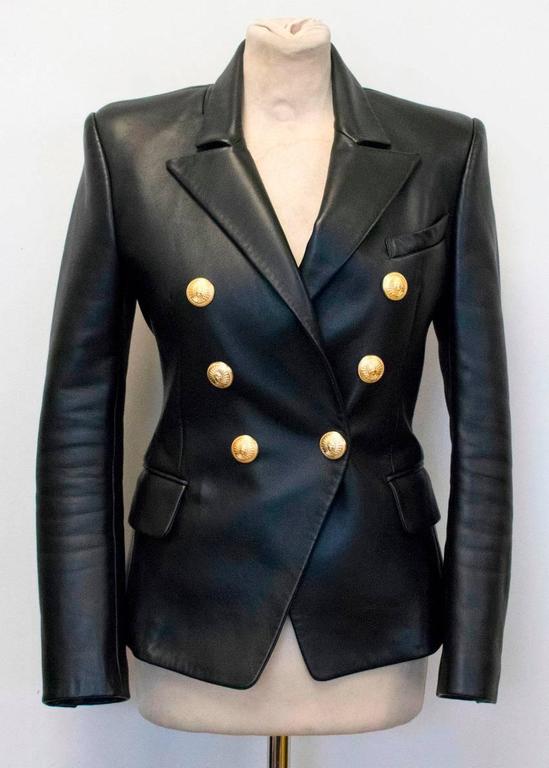 Balmain Black Leather Jacket with Gold Buttons For Sale at 1stDibs 
