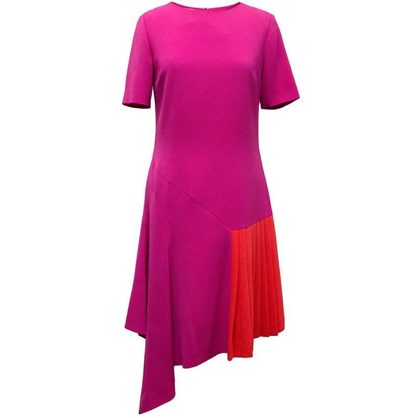 Oscar de la Renta Fuchsia Pink Dress With Red Pleat Insert For Sale
