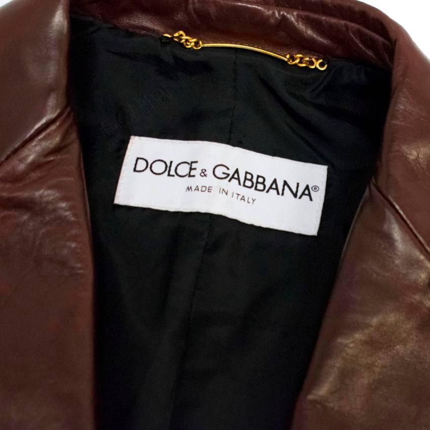 Dolce & Gabbana Mens Burgundy Leather Long Coat In Excellent Condition For Sale In London, GB