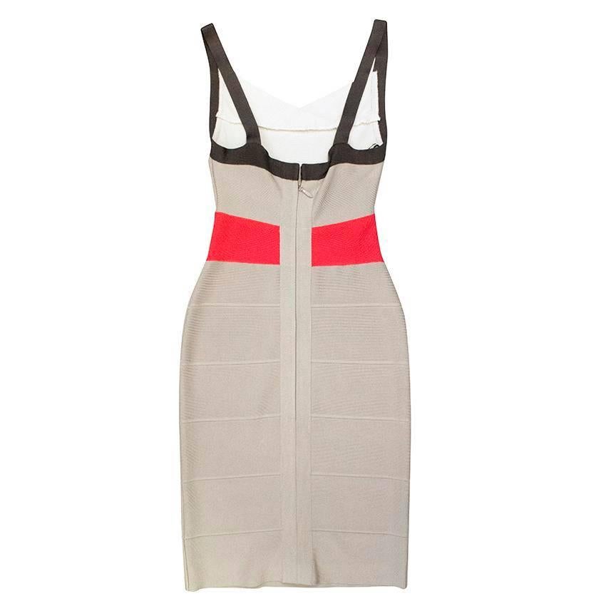 Herve Leger  grey, red and white bandage strap dress with V neck.

The dress is very flattering to the body as it does stretch, perfect for evening occasions.

Made in China.

Great condition: 9.5/10

Approximate Measurements: 
Shoulder strap: