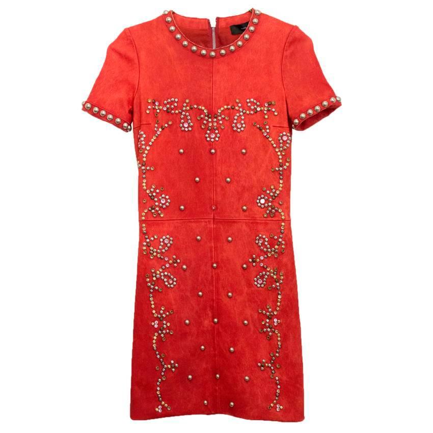 Isabel Marant red leather Bora dress with silver gold, brass and gunmetal rivots throughout and pink and gold crystal embellishment. Mini dress with crew neckline and a fitted cut.

- Dry clean only
- Some stretch due to the fabric
- Back zip