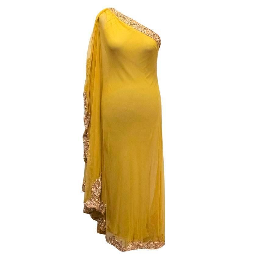 Marchesa Yellow One Shoulder Embellished and Mesh Gown For Sale