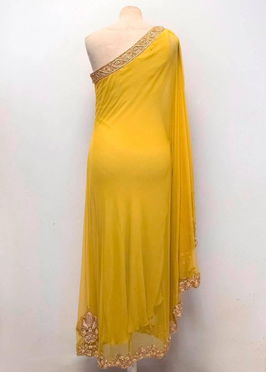 Marchesa Yellow One Shoulder Embellished and Mesh Gown In Excellent Condition For Sale In London, GB