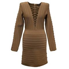 Balmain Khaki Bandage Dress With Lace Up Detail 10