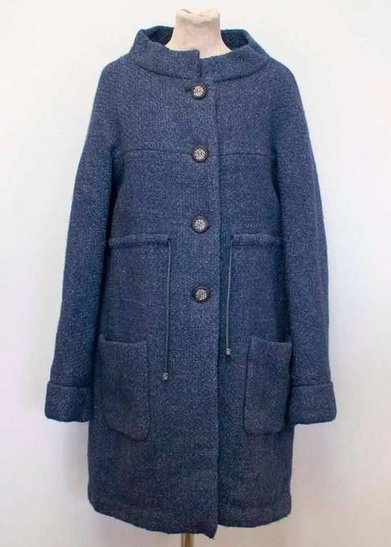 Chanel Navy Tweed Coat with Silver Buttons For Sale at 1stDibs