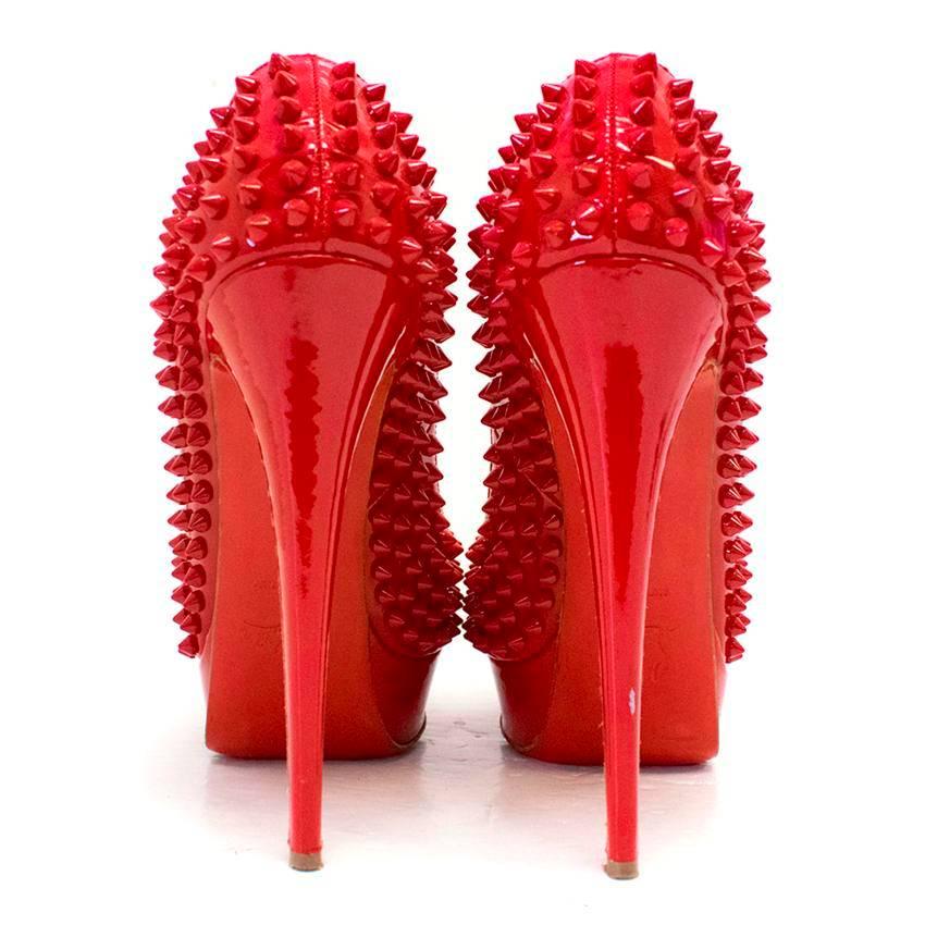 Women's Christian Louboutin Red Spiked Patent Leather Peep-Toe Pumps For Sale