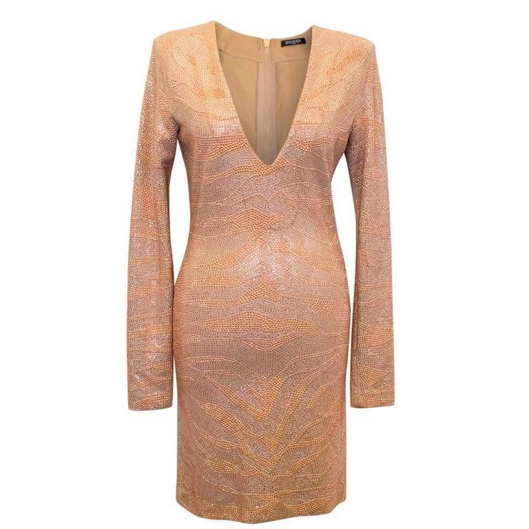 Balmain Rose Gold Encrusted Lond Sleeved Dress For Sale at 1stDibs
