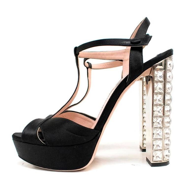 Miu Miu T-strap Black Sandals With Jewel Embellished Block Heels For ...