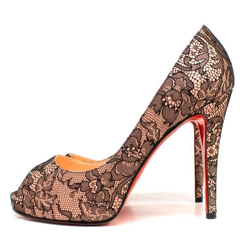 Beige Christian Louboutin Nude and Black Lace Pumps For Sale