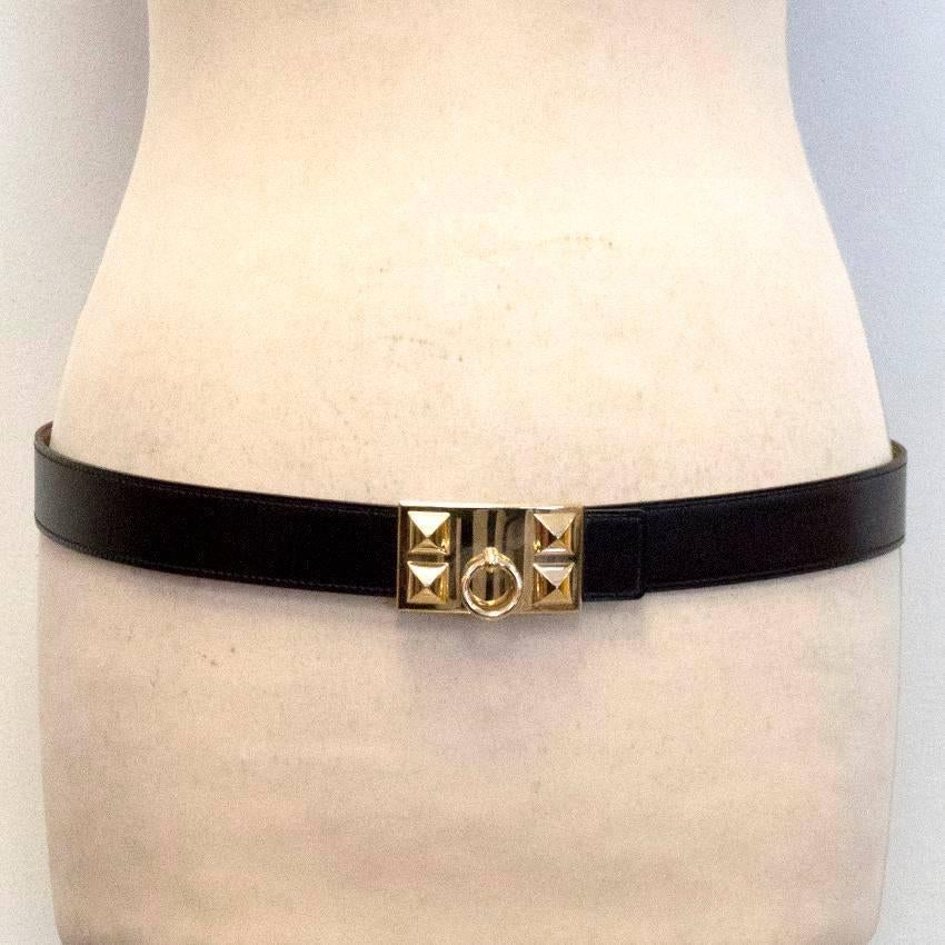 Hermes Collier de Chien Leather Belt in chocolate brown.

Gold coloured link and stud design on the front.

Some light signs of wear on the buckle and leather, only noticeable upon close inspection.

Condition: 9/10

Approx. 
Length: 104cm
Width: