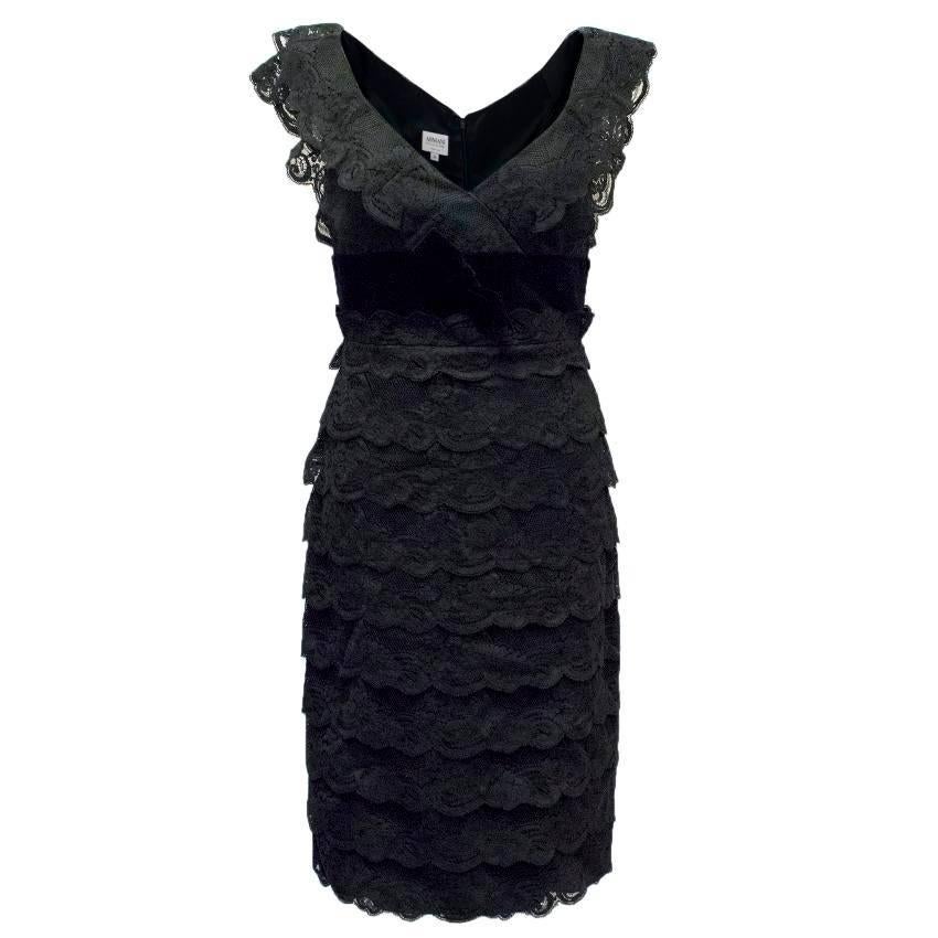 Armani Collezioni Black Lace Dress with Velvet Waist and Bow For Sale