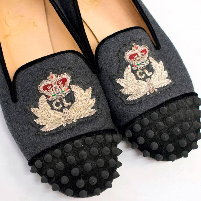 Women's Christian Louboutin Ladies Grey Spiked Embroidered Loafers For Sale