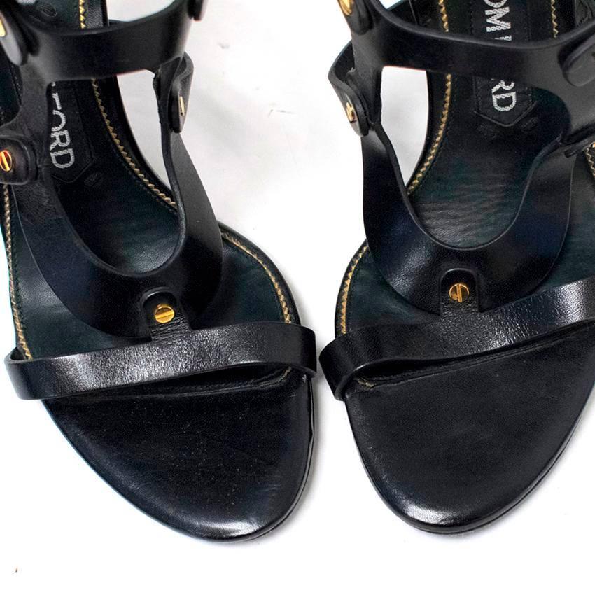 Tom Ford Black Leather Cut Out Sandals with Gold Details  For Sale 2