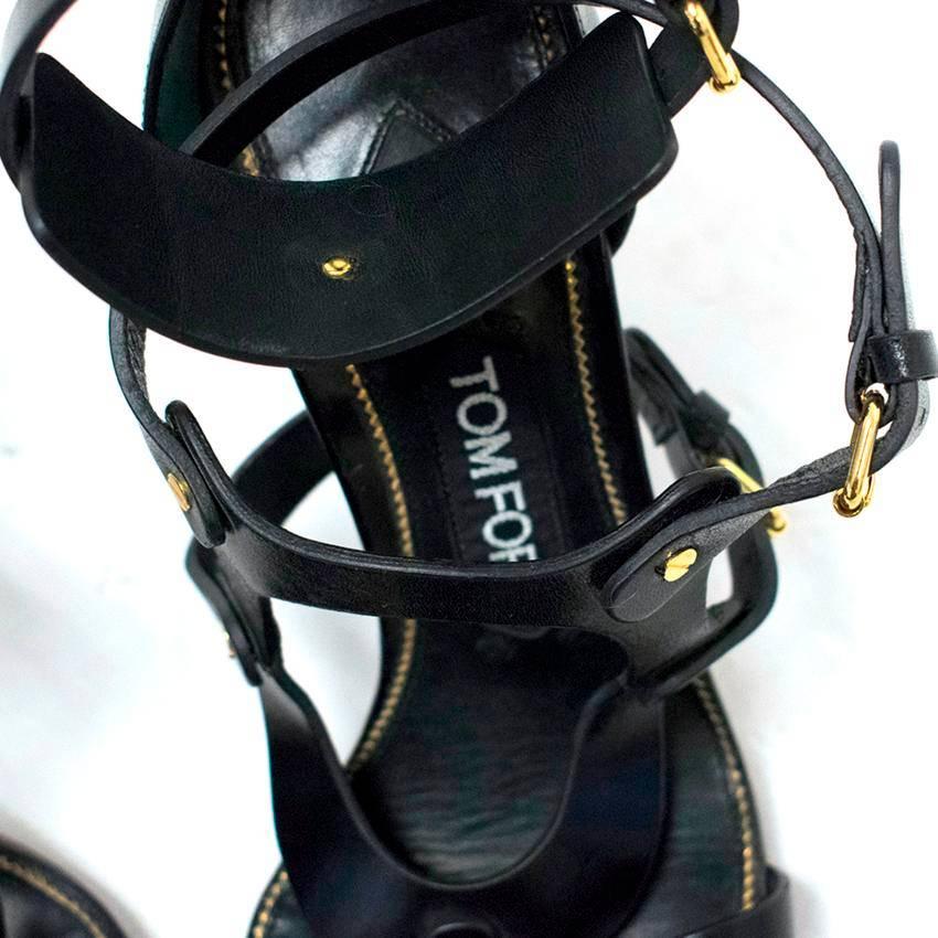 Tom Ford Black Leather Cut Out Sandals with Gold Details  For Sale 4