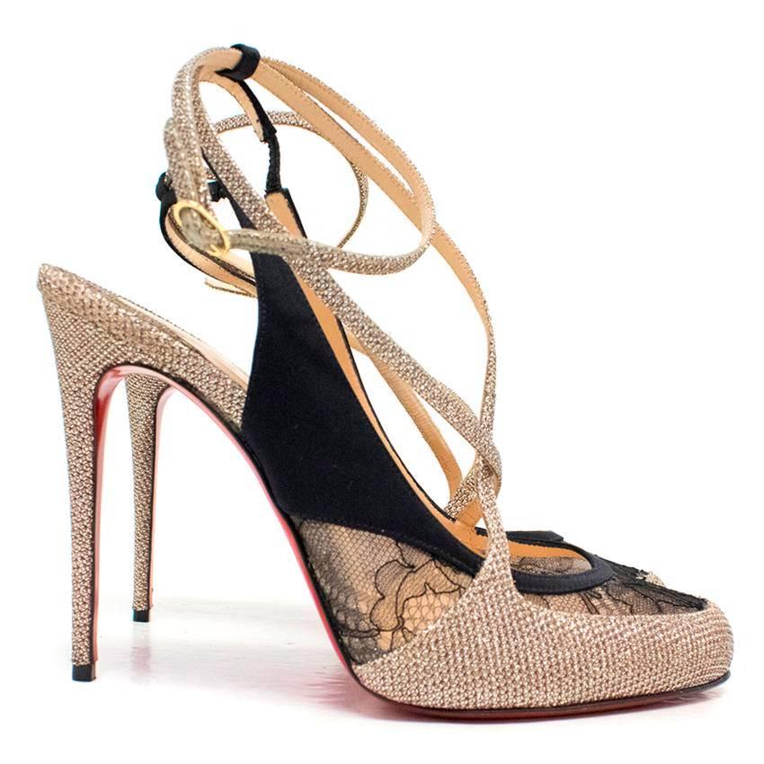 Christian Louboutin Gold and Black Lace Sling Back Pumps In Excellent Condition For Sale In London, GB