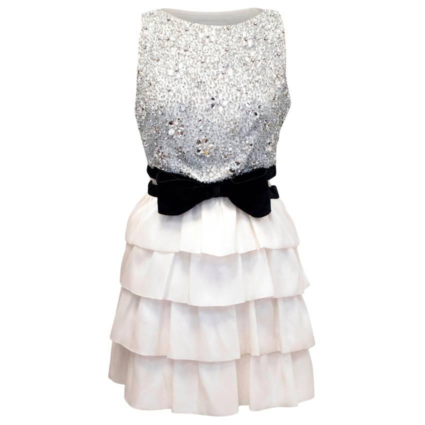 Azzaro Cream Silk Crystal Embellished Frill Dress For Sale
