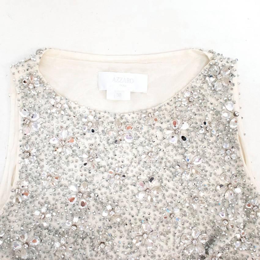 Azzaro Cream Silk Crystal Embellished Frill Dress For Sale 3