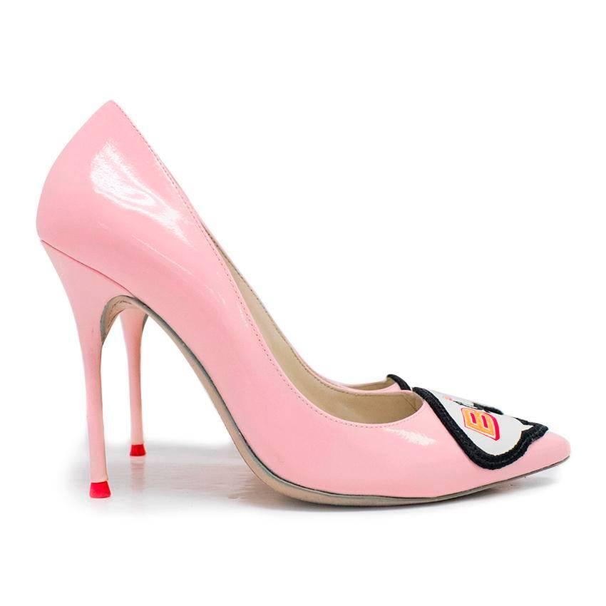 Sophia Webster baby pink heeled stiletto pumps with pointed toes and applique speech bubbles with 'boss lady' written in multicoloured threaded letters. Lined with nude leather with pink and orange inserts. 

There are signs of wear to the soles and
