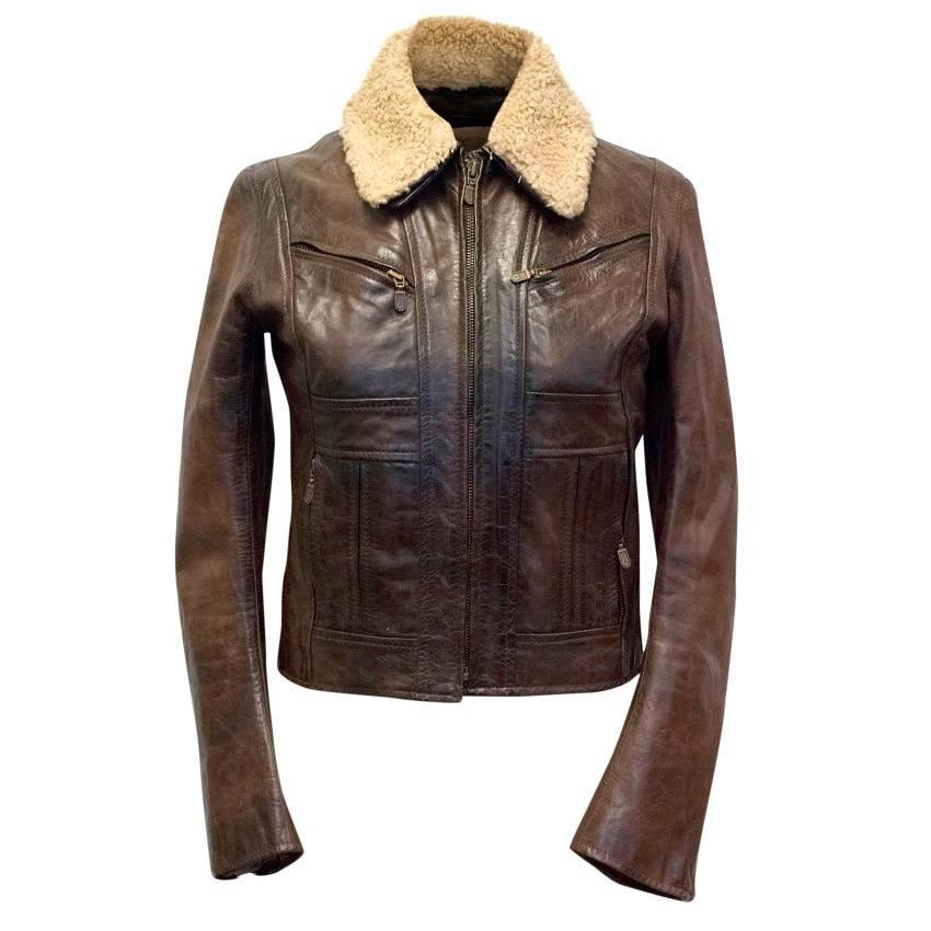  Belstaff Brown Shearling Leather Jacket For Sale