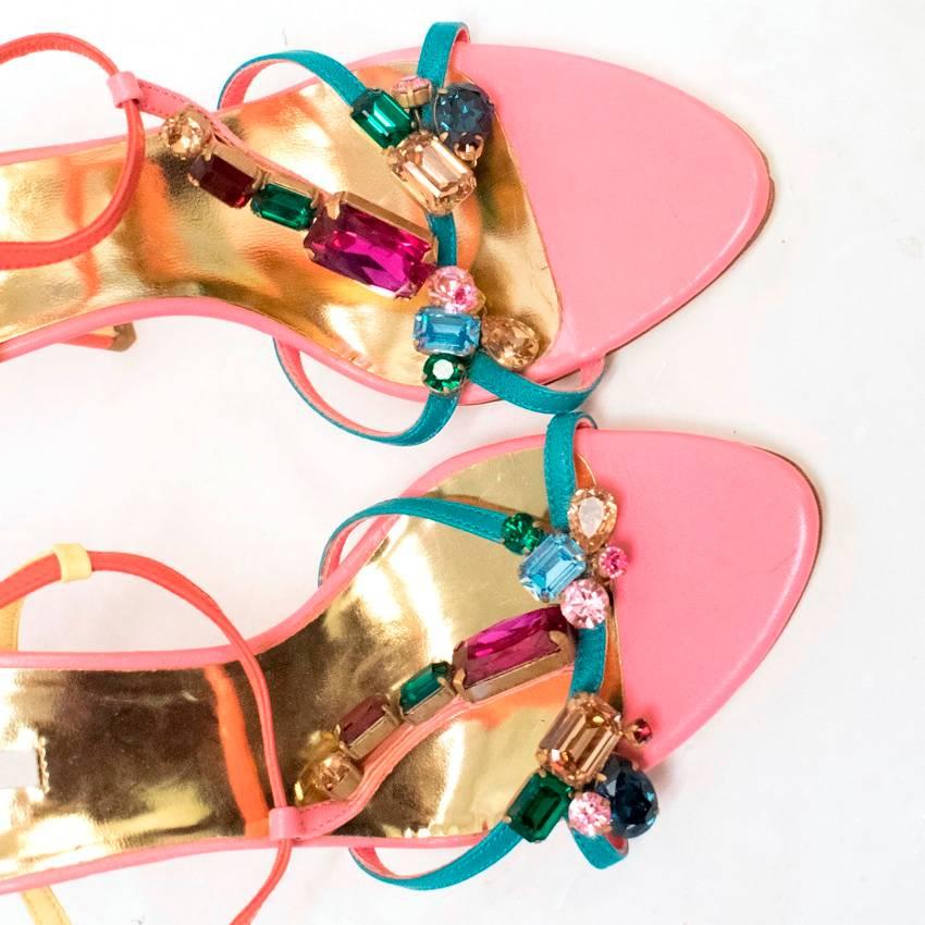 Orange Miu Miu Pink Jewelled Heeled Sandals For Sale