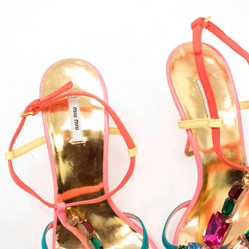 Miu Miu Pink Jewelled Heeled Sandals In New Condition For Sale In London, GB