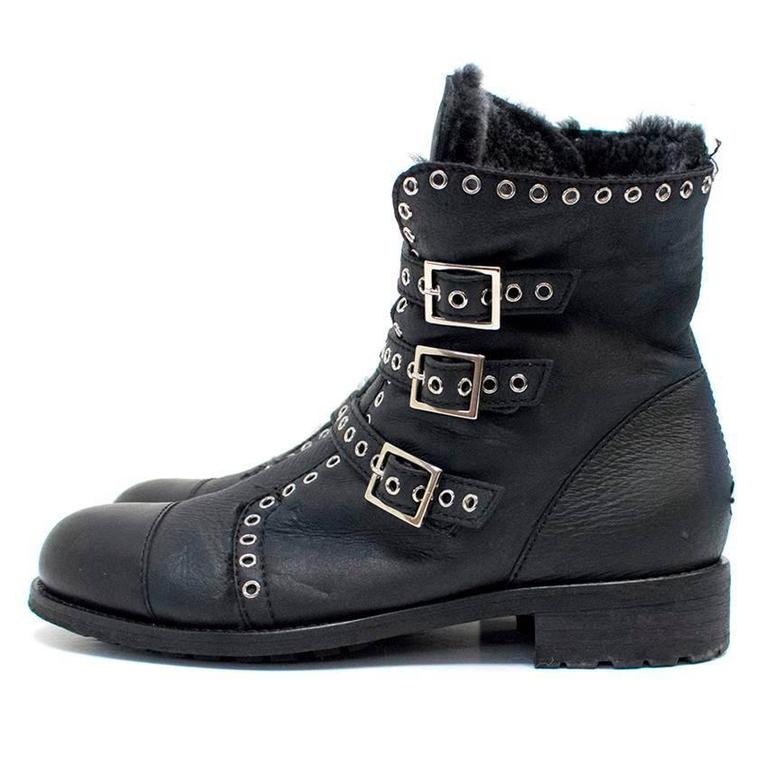 Jimmy Choo Black Leather Biker Boots with Shearling Lining For Sale at ...