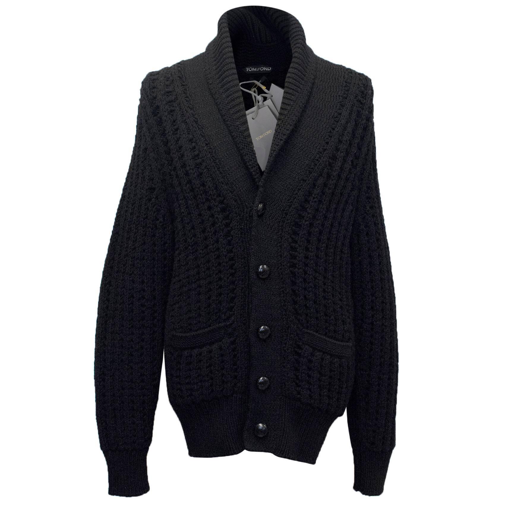 Tom Ford Men's Chunky Black Cable Knit Cardigan For Sale