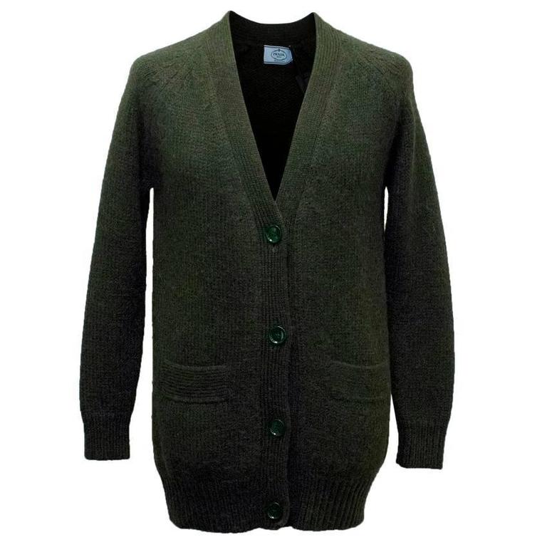 Prada Men's Bottle Green Alpaca Knit Cardigan For Sale at 1stDibs