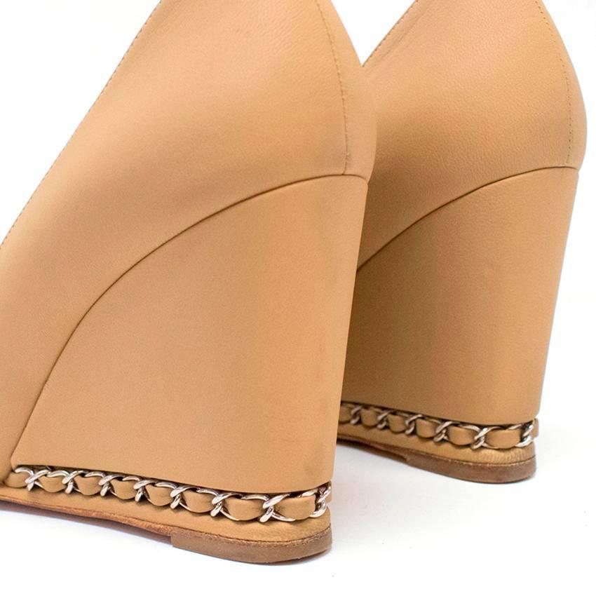 Chanel Nude Leather Wedges with Black Toe Cap and Chain Detail 4