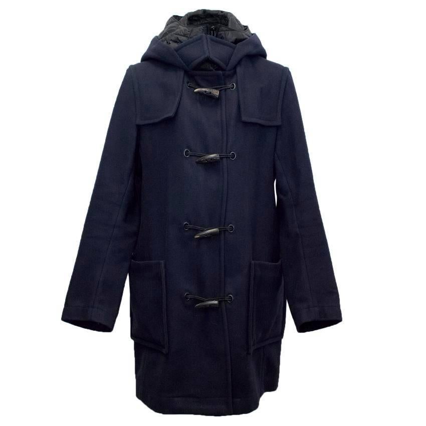 Givenchy Men's Navy Duffle Coat with Hood and Toggle Buttons For Sale