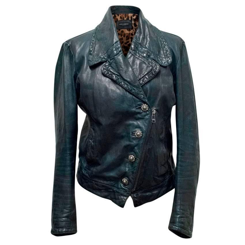 Dolce & Gabbana Petrol Blue Leather Jacket For Sale