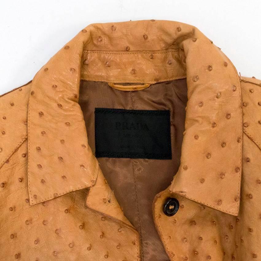 Prada brown ostrich skin long coat with four buttons for fastening and two pockets on the front. 

Condition: 9.5/10

Size: M
Size IT: 42
Size UK: 12
Size US: 8

Measurements Approx - 
Shoulders - 44.5cm
Sleeves - 61.5cm
Bust - 49cm
Length - 99cm