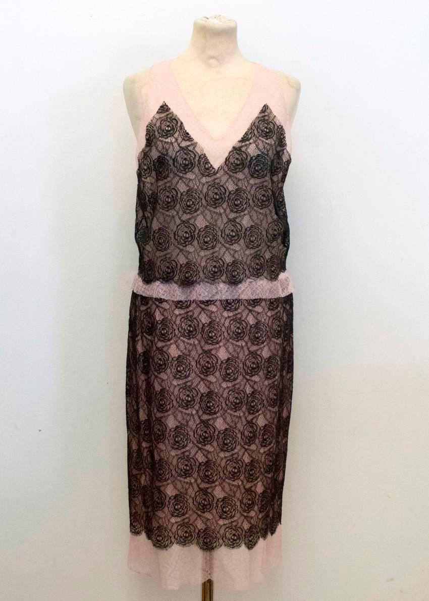 Chanel Black And Pink Lace Sheer Top With Matching Skirt  In New Condition For Sale In London, GB
