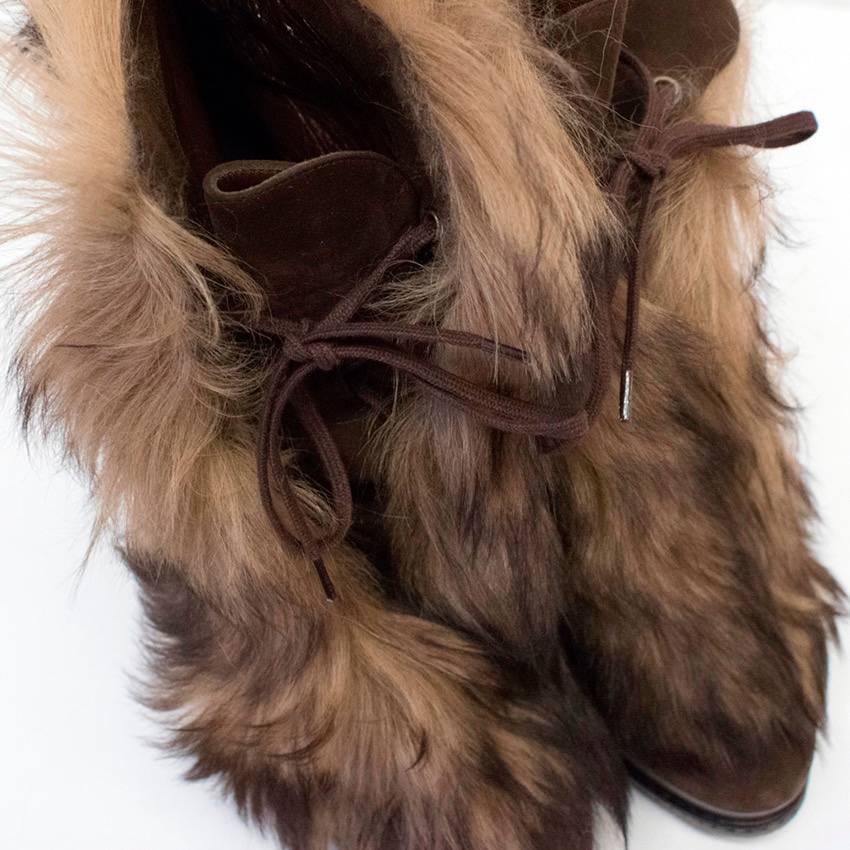 Women's Ralph Lauren Collection Brown Shearling Lamb Fur Lace Up Boots For Sale