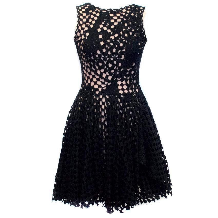 Jasmine Di Milo Black Crochet Skater Dress with Nude Mesh For Sale