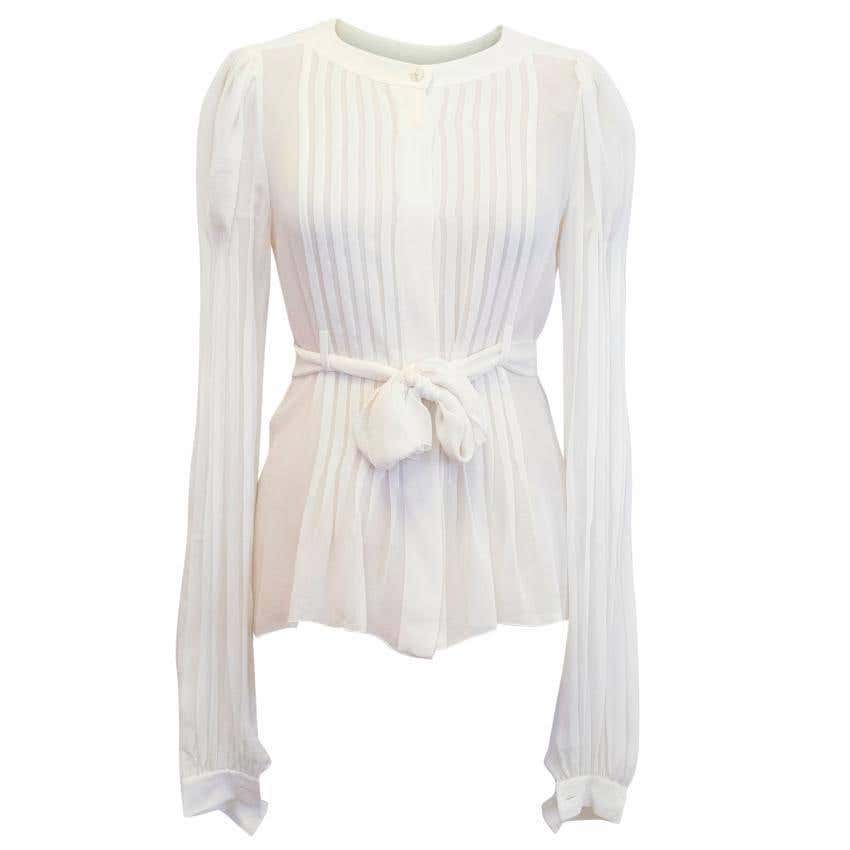 Chanel Cream Belted Silk Blouse with Pleated Front For Sale at 1stDibs