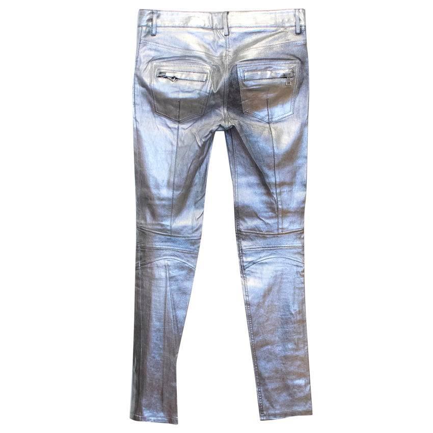 Gray Balmain Metallic Leather Motocross Trousers