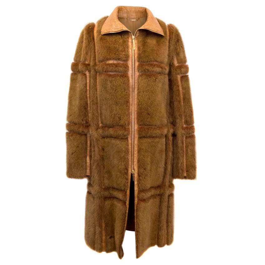 Gucci Brown Mink Long Coat With Crocodile Leather For Sale