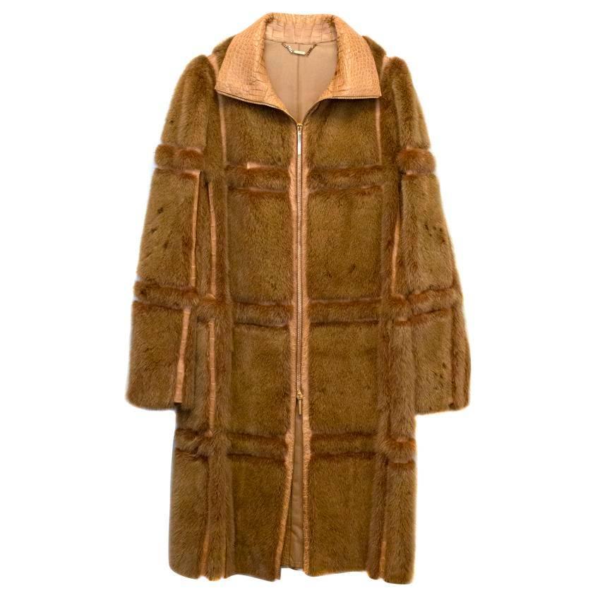 Gucci Brown Mink Long Coat With Crocodile Leather For Sale 1