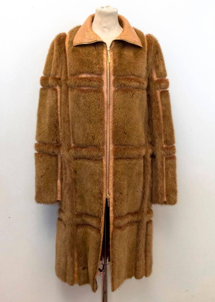 Gucci Brown Mink Long Coat With Crocodile Leather For Sale 3