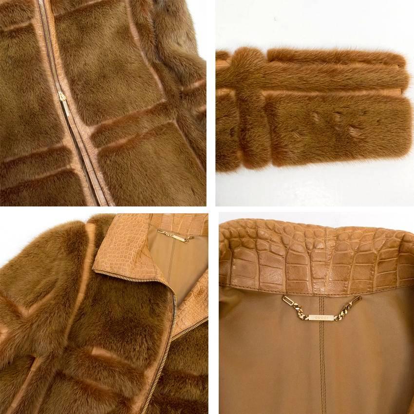 Gucci Brown Mink Long Coat With Crocodile Leather For Sale 4