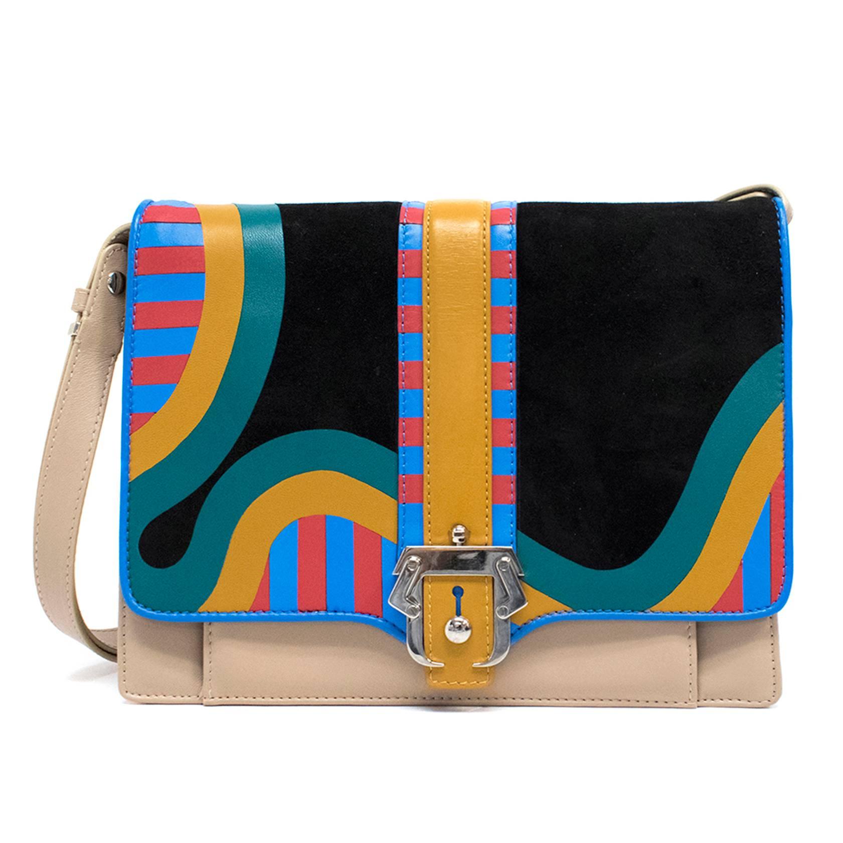 Paula Cademartori multi colour shoulder bag. Features, a nude body and strap, fold over top in patterned tones of blue, red, yellow, green and black suede inserts, Paula Cademartori signature silver toned hard-ware front buckle, magnetic front