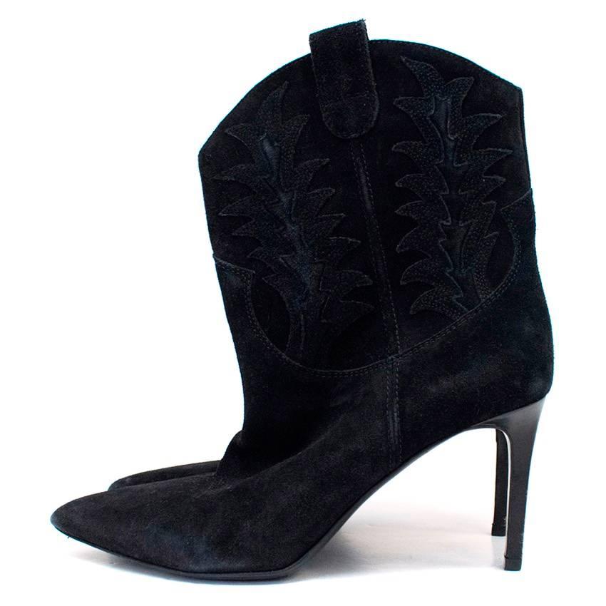 Saint Laurent 'Paris' western suede high heel ankle boots. Features, top stitch western style motif, a leather stiletto heel, pointed toe and pull tabs along top line. Lined in leather. 

There is wear to the soles and heels. However, this does not
