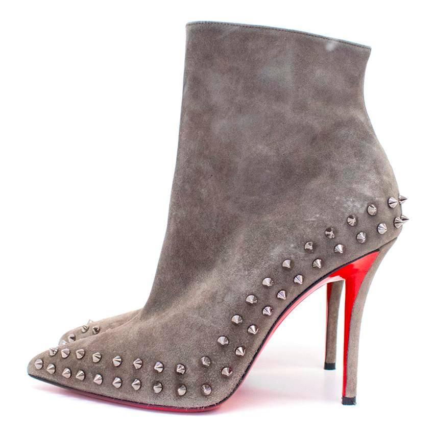 Gray Christian Louboutin Taupe Willetta 100 Spiked Ankle Boots For Sale