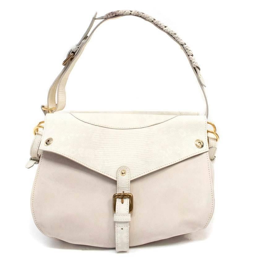 Thakoon cream crossbody bag in suede and snakeskin embossed leather in a dual compartment style. Featuring a detachable crossbody strap and adjustable handle with plaited suede embellishment. Lined in cotton with internal pouches and zipped