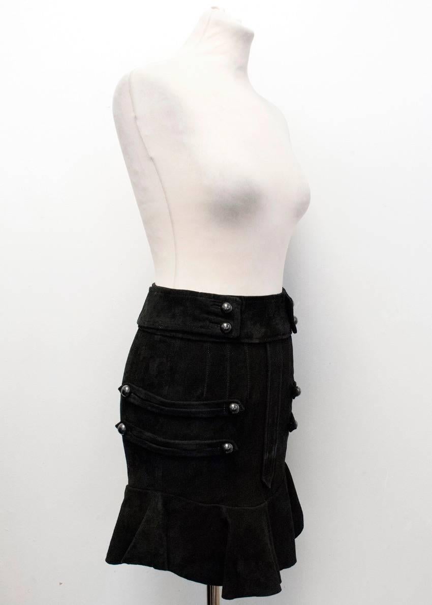Isabel Marant Elena black suede skirt. Features a button detail high rise waistband, flared ruffled hem line, zip fastening at the back and two button tabs on both sides of the skirt.

There are light signs of wear to the suede otherwise in good