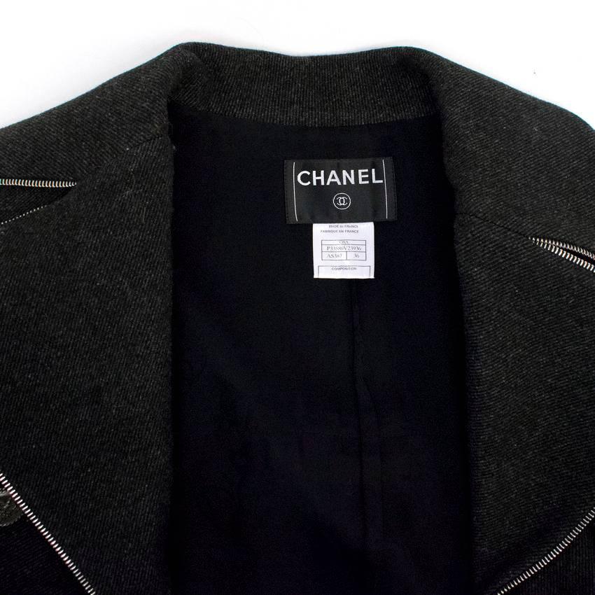 Chanel Dark Grey Longline Coat with Zip Detailing In New Condition For Sale In London, GB