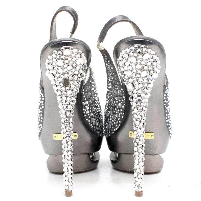 Gianmarco Lorenzi Swarovski crystal encrusted sling back peep toe pumps on a platform with an encrusted midsole and heel. 
Lined with grey silk. 

There are minor scratches on the wooden parts of the sole, and a missing crystal on the