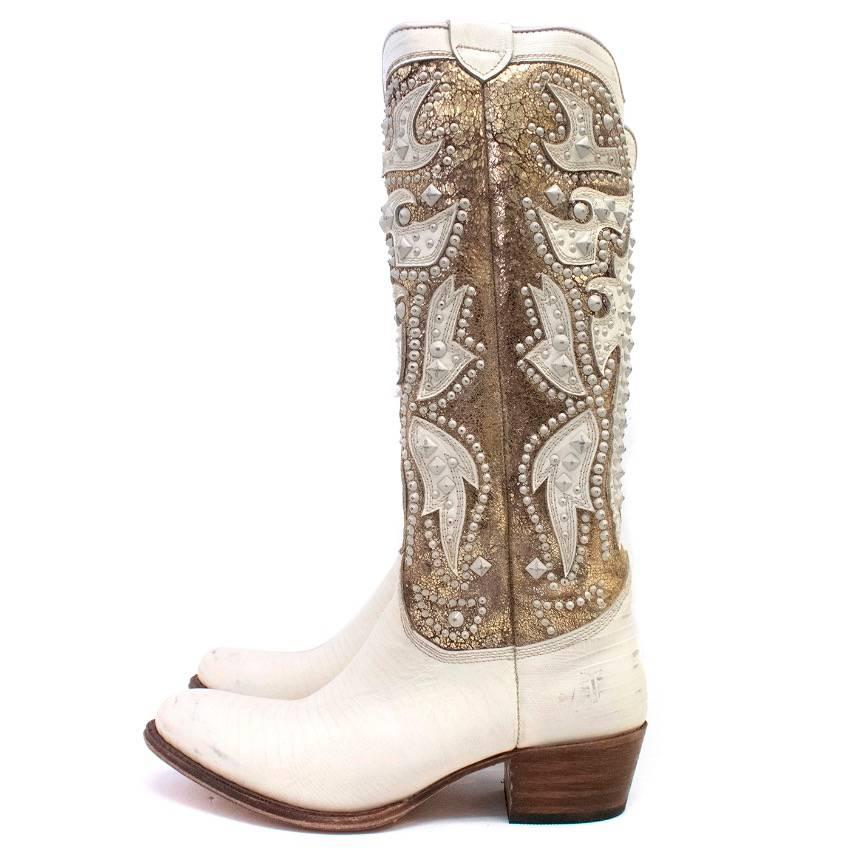 Frye Gold And Cream Studded Tall Cowboy Boots For Sale at 1stDibs